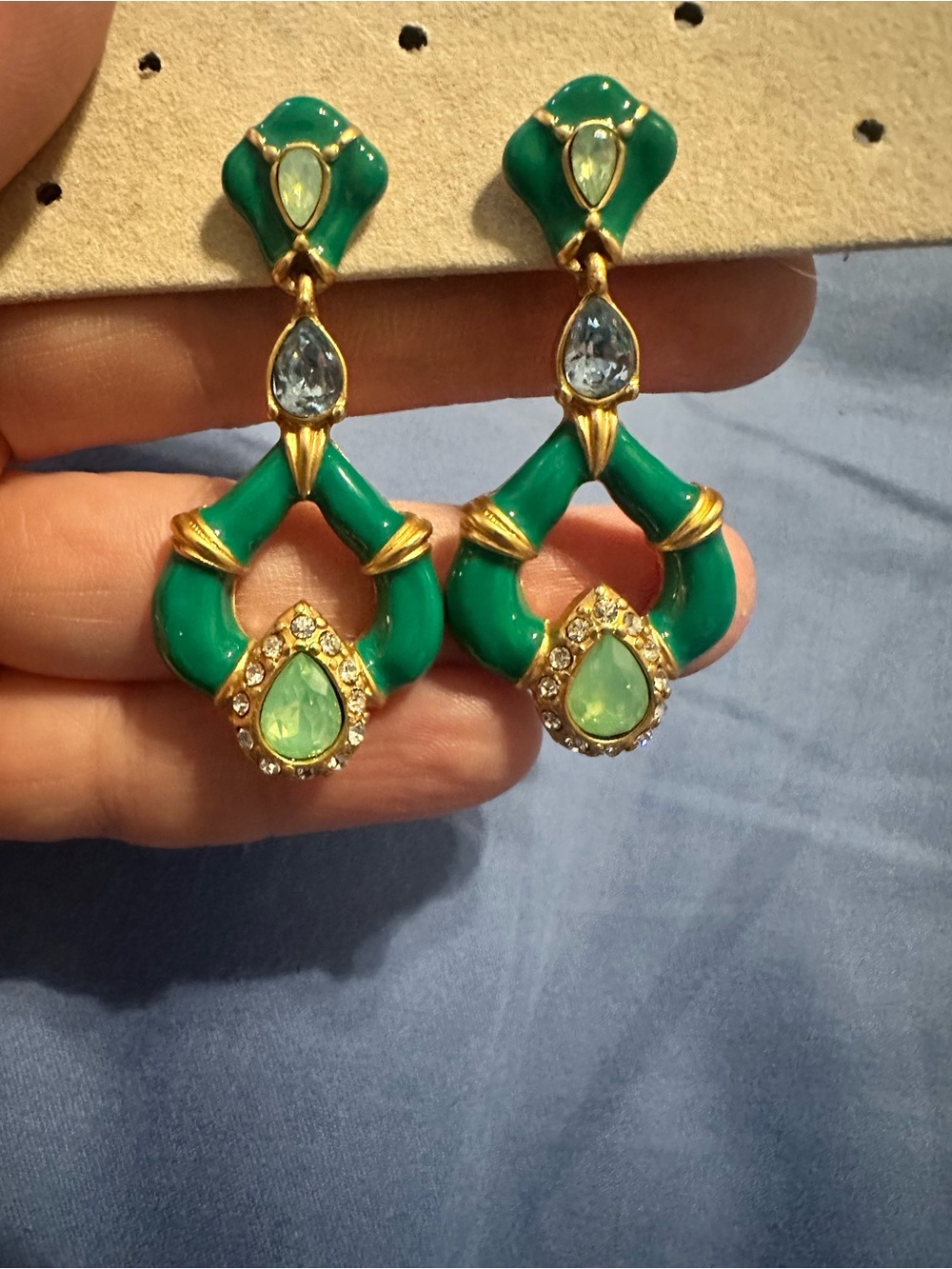 Vintage Monet Green Teardrop Statement Earrings - Gold Accents